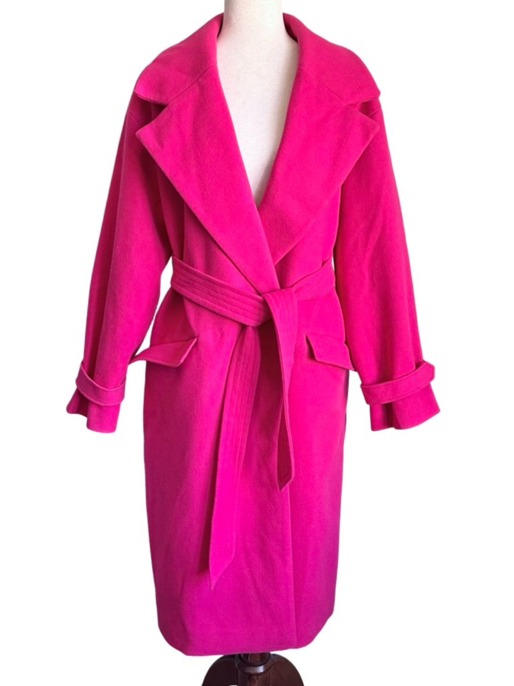 Express Women’s Pink Fuchsia Belted Faux Wool Trench Peacoat Size Medium EUC